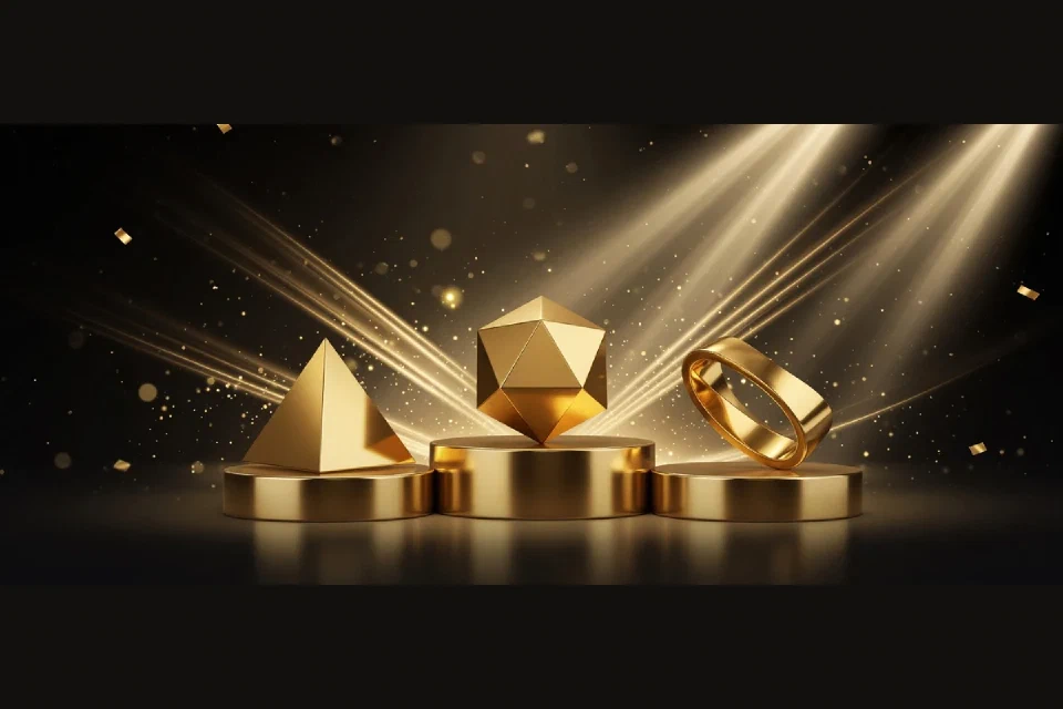 Drei goldene geometrische Formen auf beleuchteten Podesten
