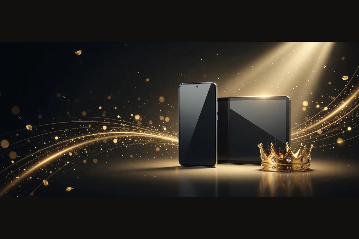 Smartphone und Tablet mit goldener Krone auf dunklem Hintergrund