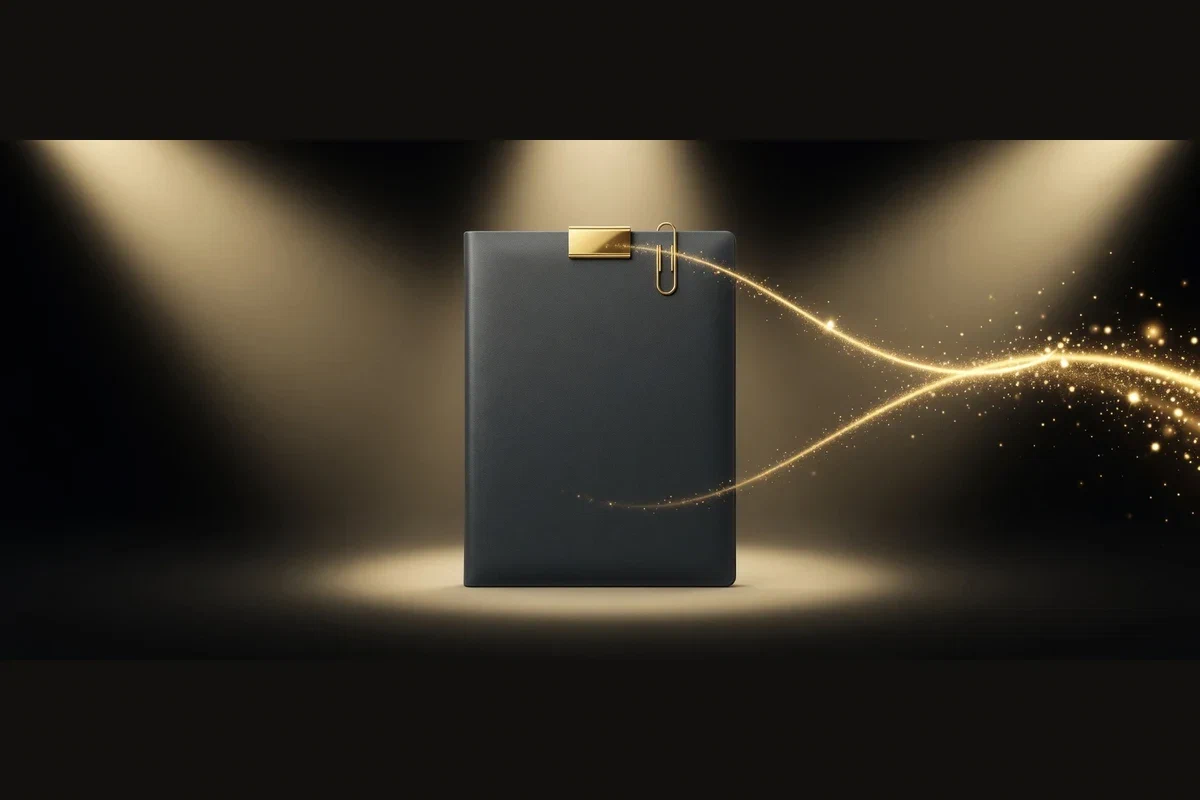 Dunkle Dokumentenmappe mit goldener Büroklammer
