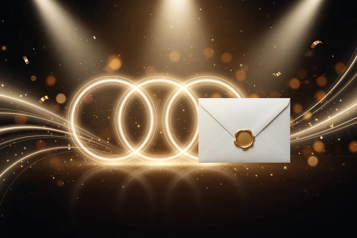 Umschlag mit goldenem Siegel und drei leuchtenden Ringen
