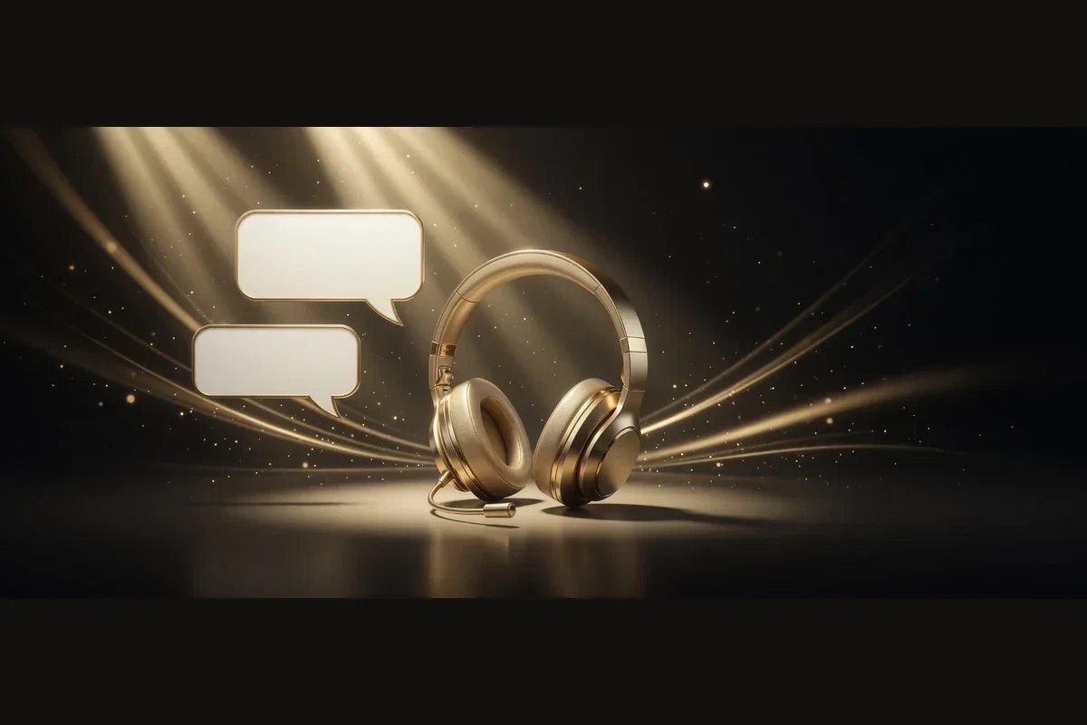 Headset neben zwei goldenen Sprechblasen