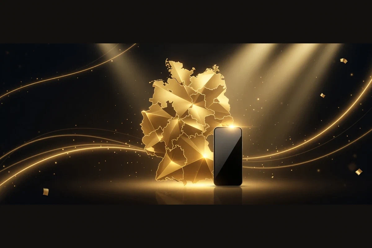 Goldene Deutschlandkarte neben einem Smartphone