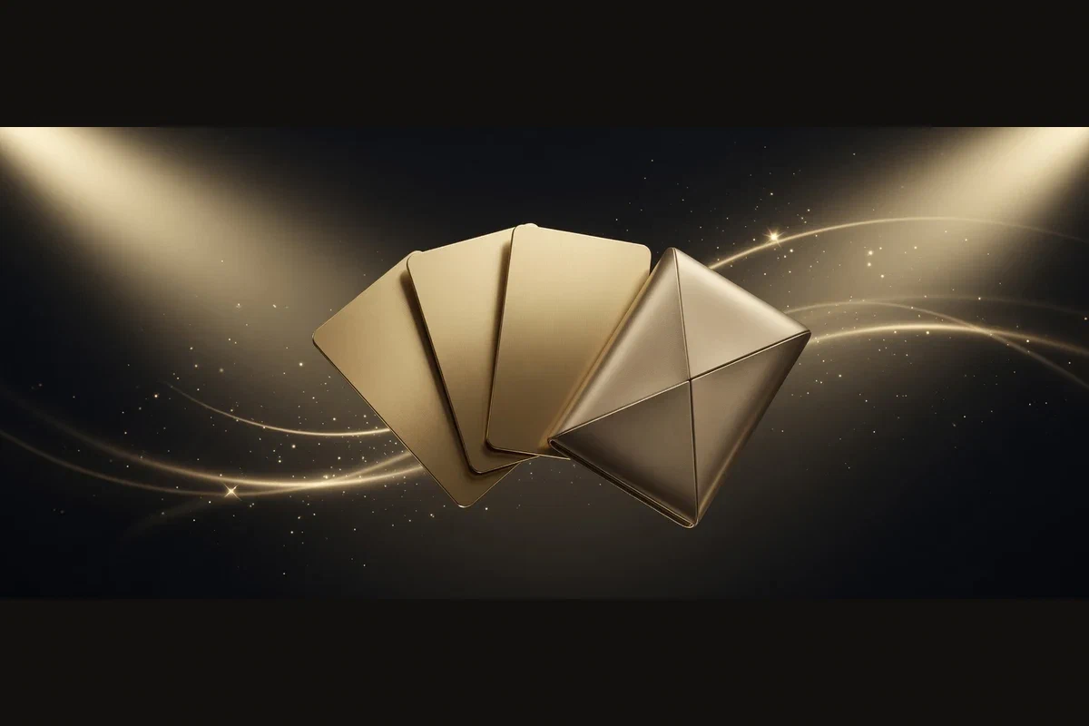 Drei goldene Zahlungskarten neben einem Umschlag