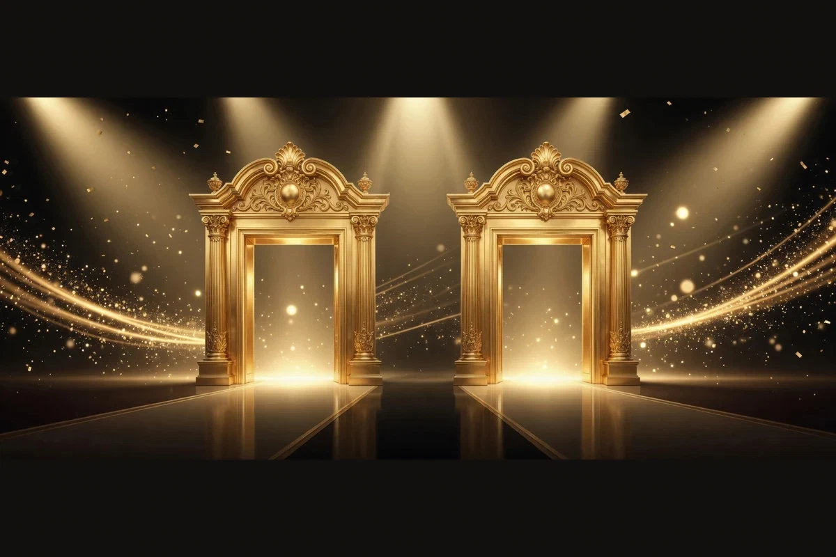 Zwei verzierte goldene Portale mit hellem Licht