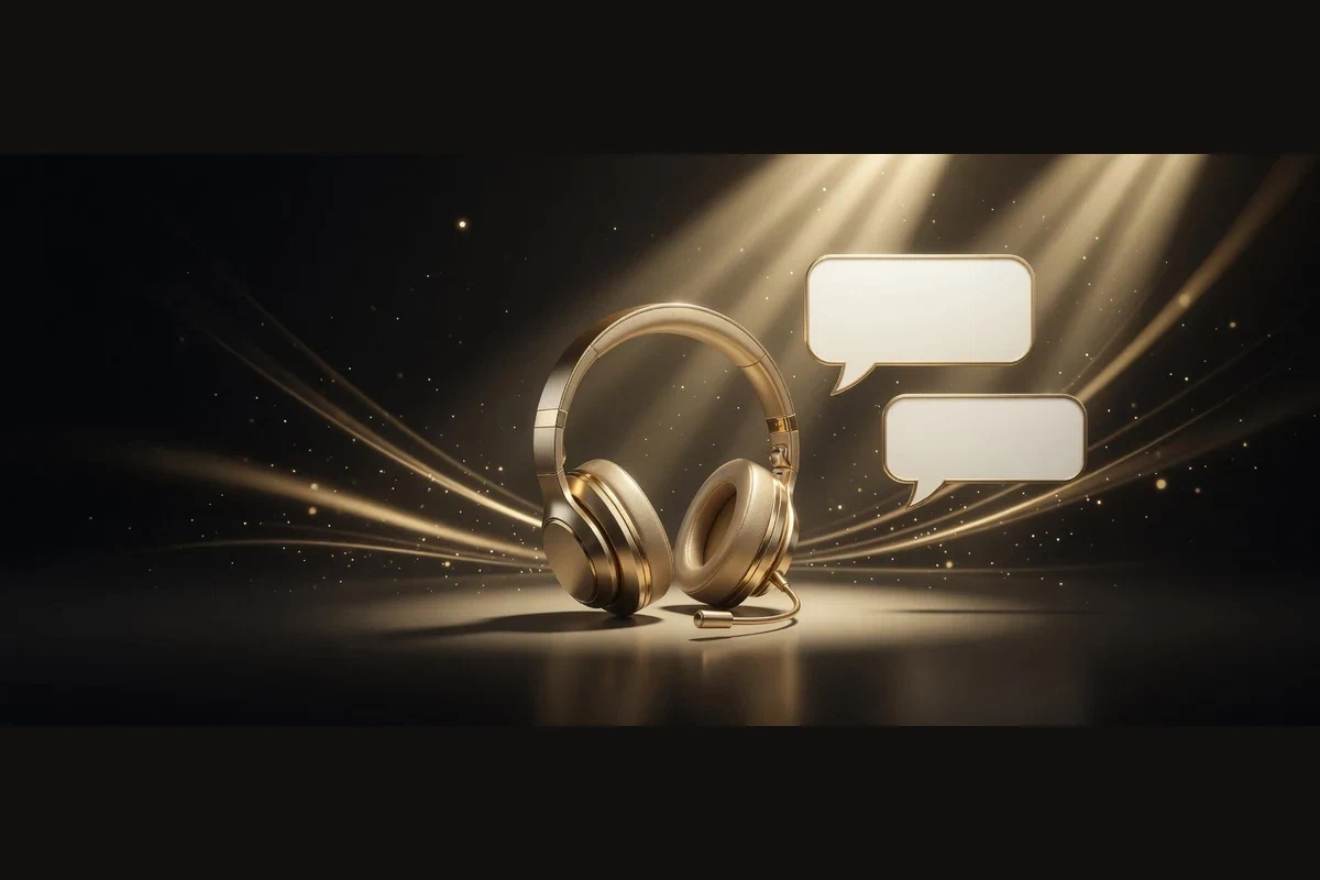 Headset neben zwei goldenen Sprechblasen