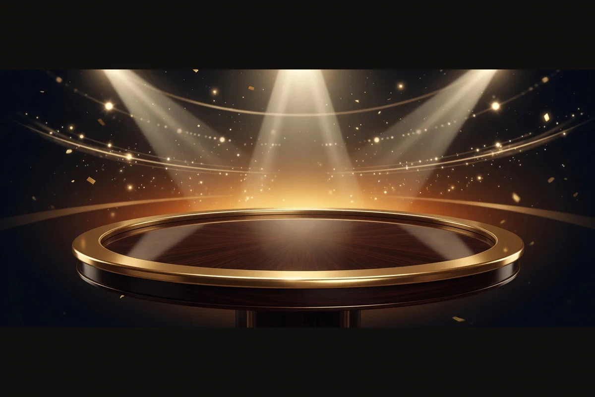 Runde goldene Bühne im Scheinwerferlicht