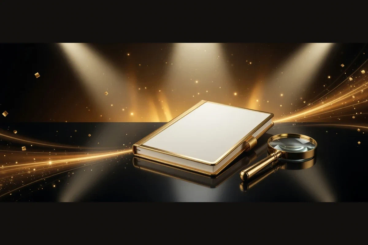Aufgeschlagenes Notizbuch mit goldener Lupe