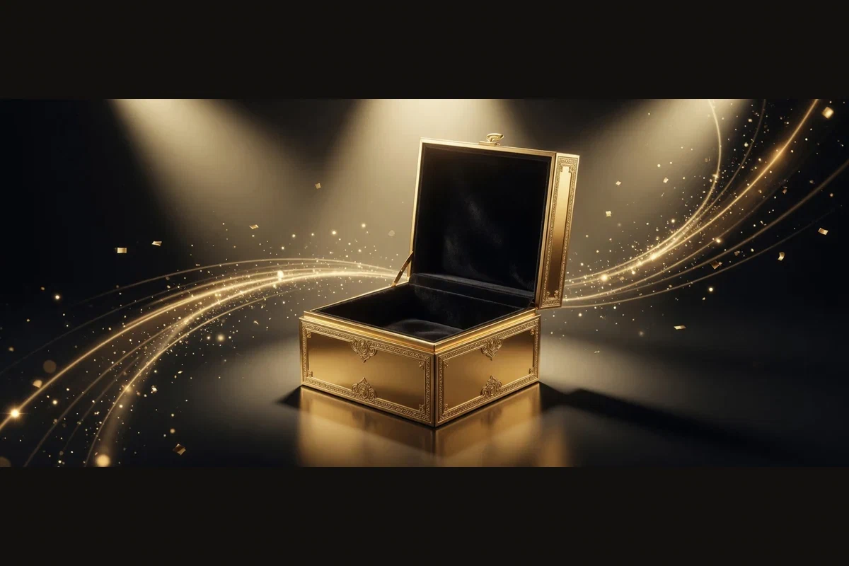Geöffnete goldene Geschenkbox auf dunklem Hintergrund