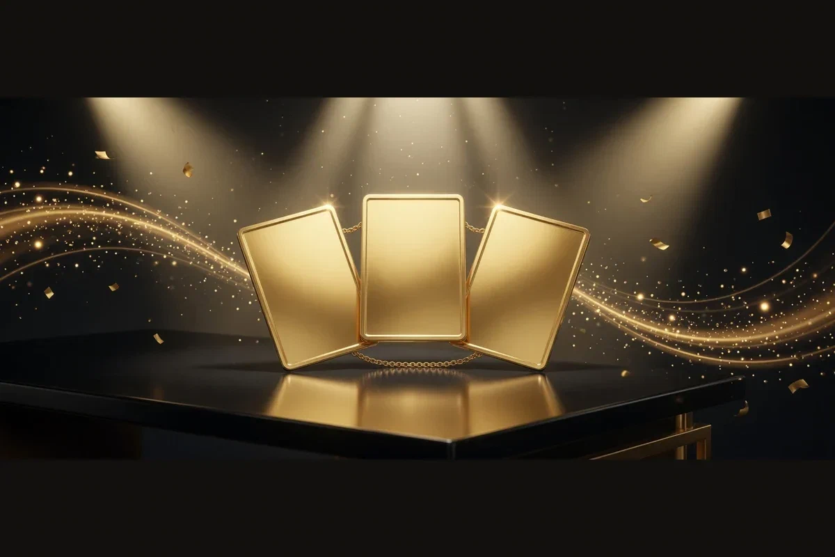 Drei aufrecht stehende goldene Karten