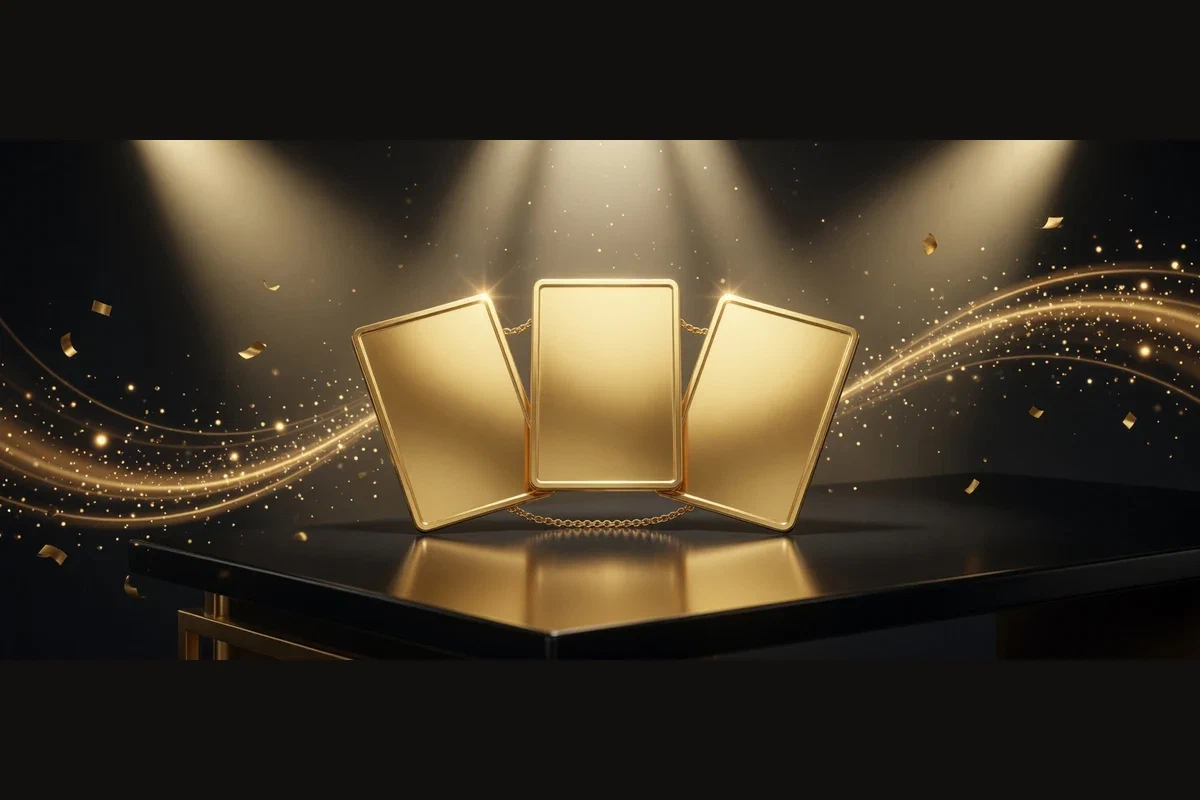 Drei aufrecht stehende goldene Karten