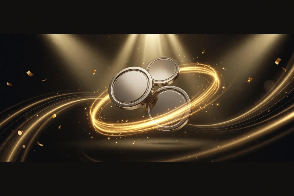 Drei silberne Casinochips in einem goldenen Lichtring