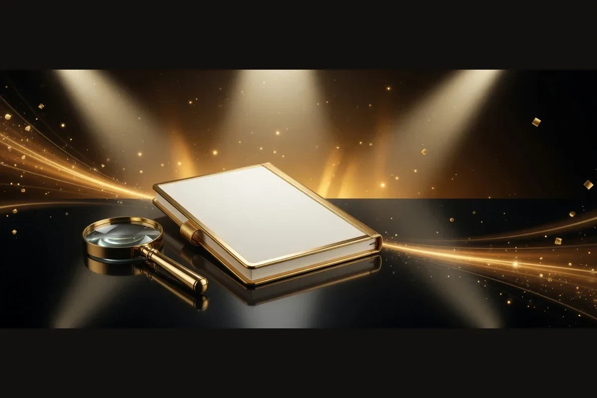 Aufgeschlagenes Notizbuch mit goldener Lupe
